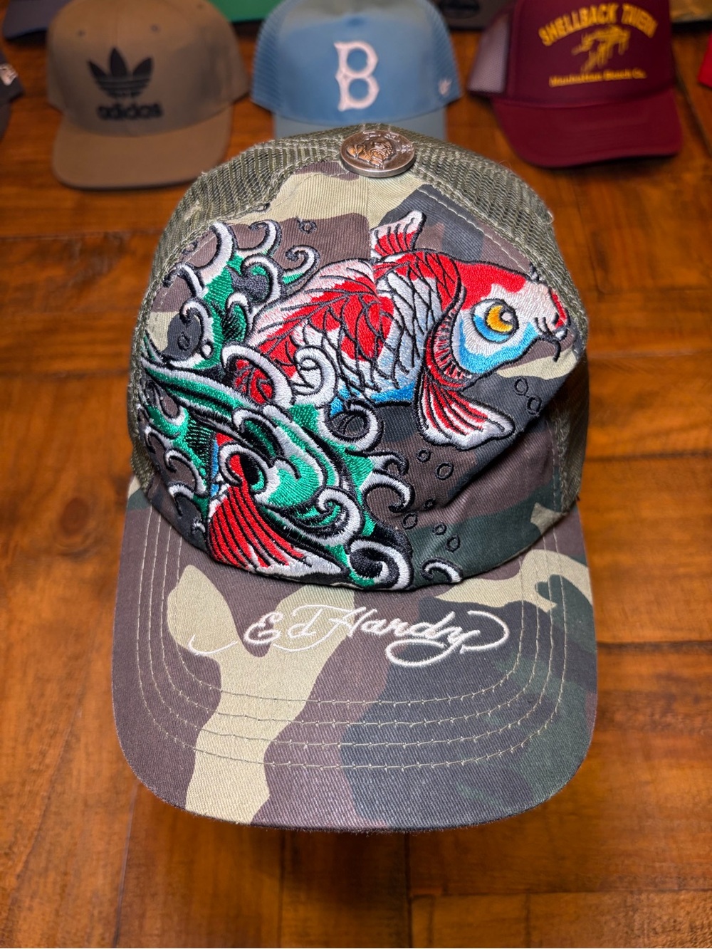 Ed Hardy Camo Koi Fish Embroidered Hat - Green/Red/Blue